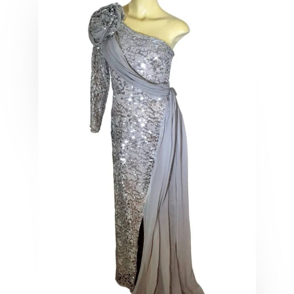 Elegant 80’s Style Silver Sequin One Shoulder Evening Gown Chiffon & Rose M - Picture 2 of 8